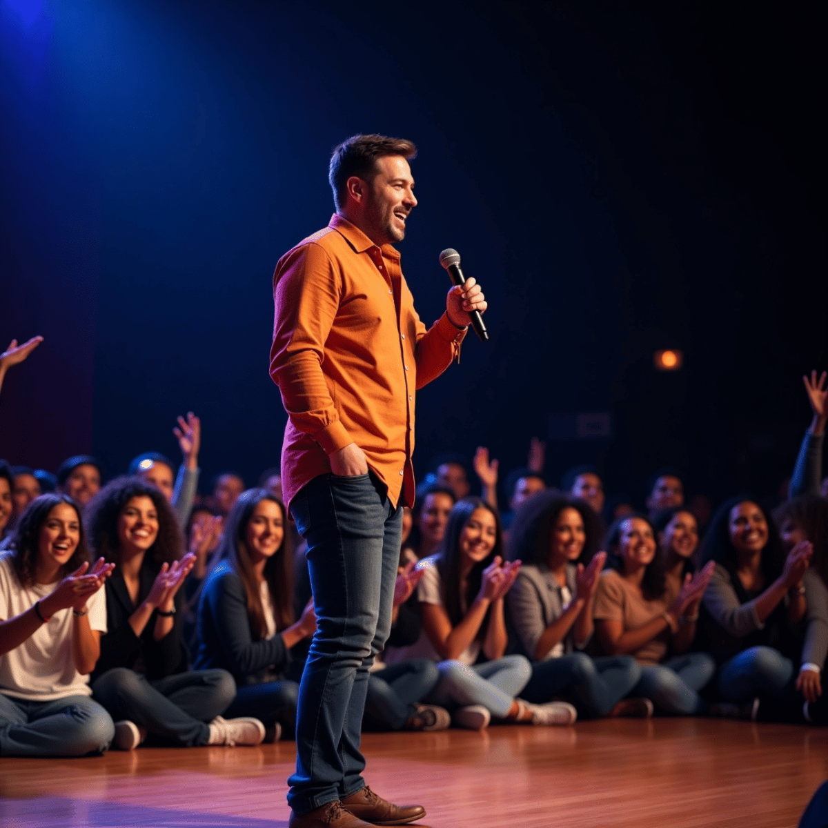Comediante utilizando tecnología interactiva en el escenario