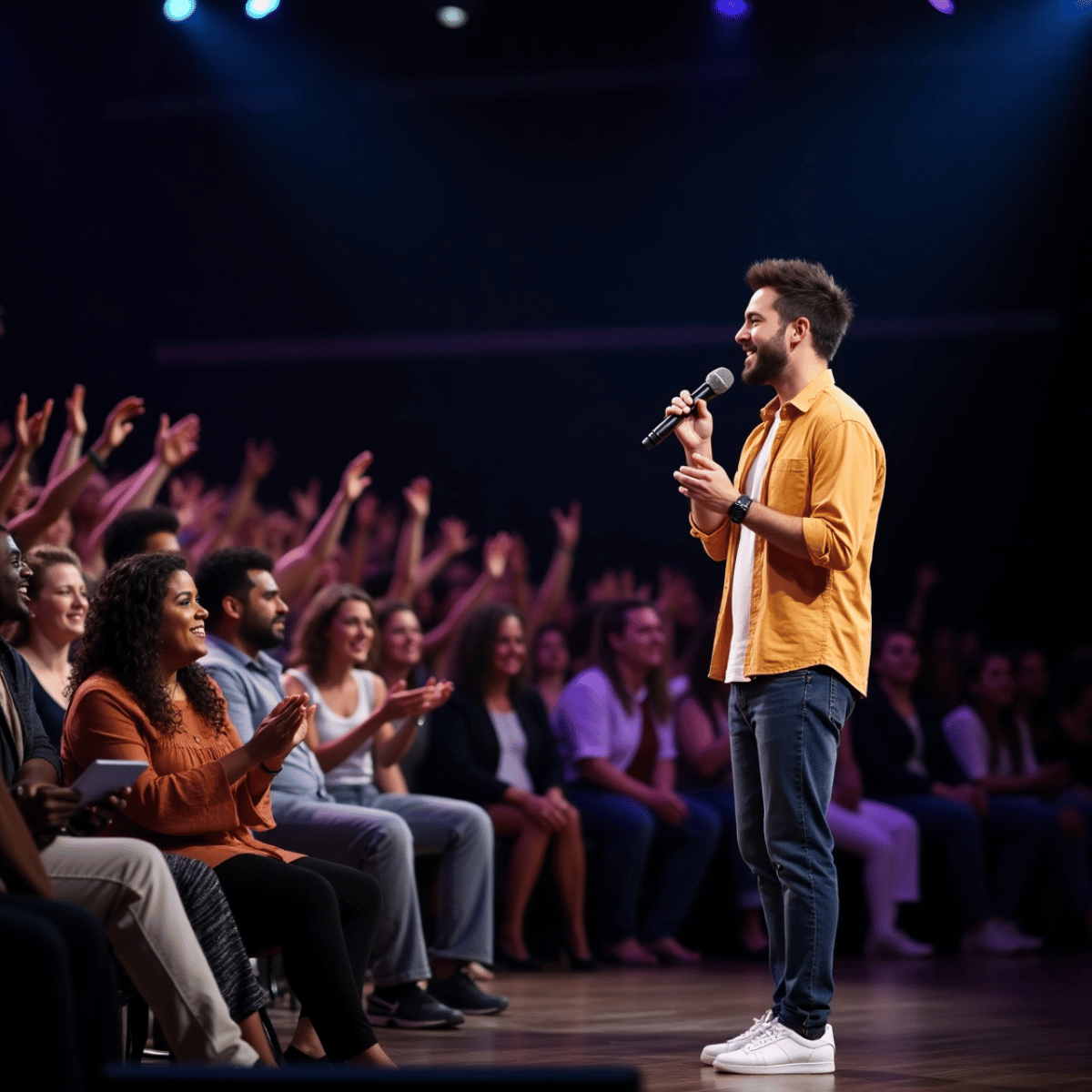 Comediante en escenario futurista con iluminación de alta tecnología