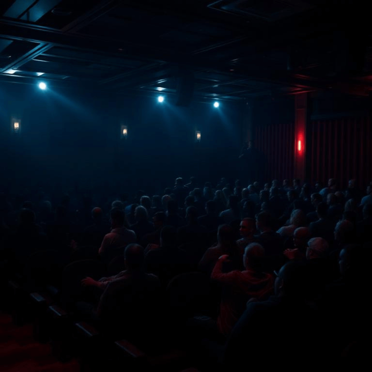 Público disfrutando de un espectáculo de comedia futurista